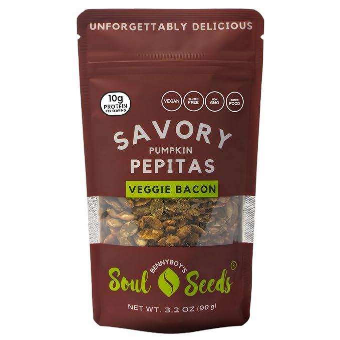 Soul Seeds Veggie Bacon Pumpkin Seeds – Organic Pepitas with Shiitake Mushroom, Nutritional Yeast, Dulse Seaweed, Tamari & Maple, Smoky Sweet Vegan Snack, Crunchy Seed Topping, 3.2 oz