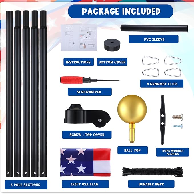 FuWeave Flagpoles for Outside House in Ground 16 ft Sectional Flag Pole Kit Extra Thick 16 Gauge Heavy Duty Aluminum Flag Pole with Gold Ball Top for Residential or Commercial (Black)