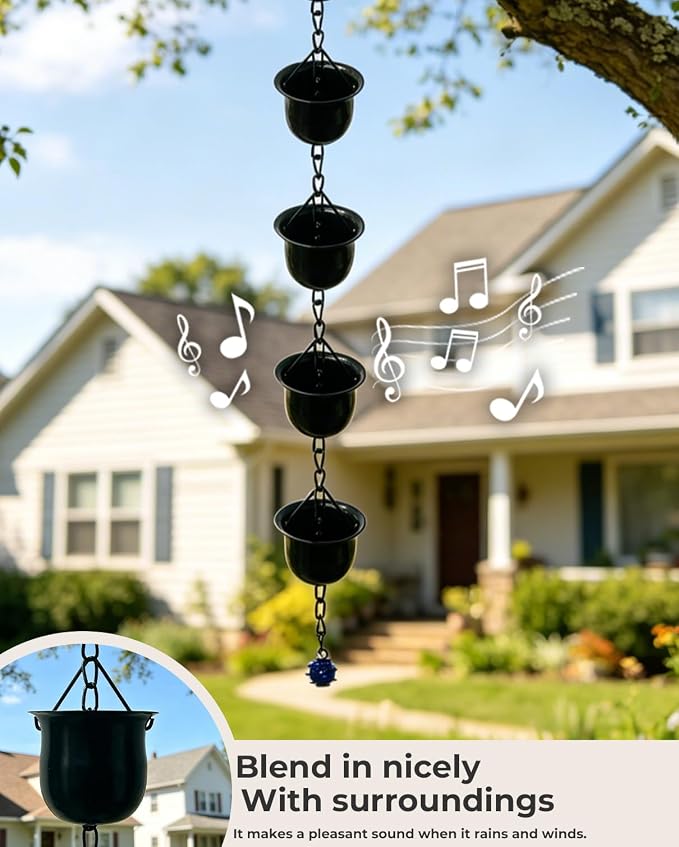 9.5FT Black Barrel-Shaped Rain Chain Durable Downspout Replacement | Rust-Resistant Metal Build, Bucket-Style Rain Water Catcher, Replaces Gutter Downspouts, Durable Outdoor Garden Yard Decor