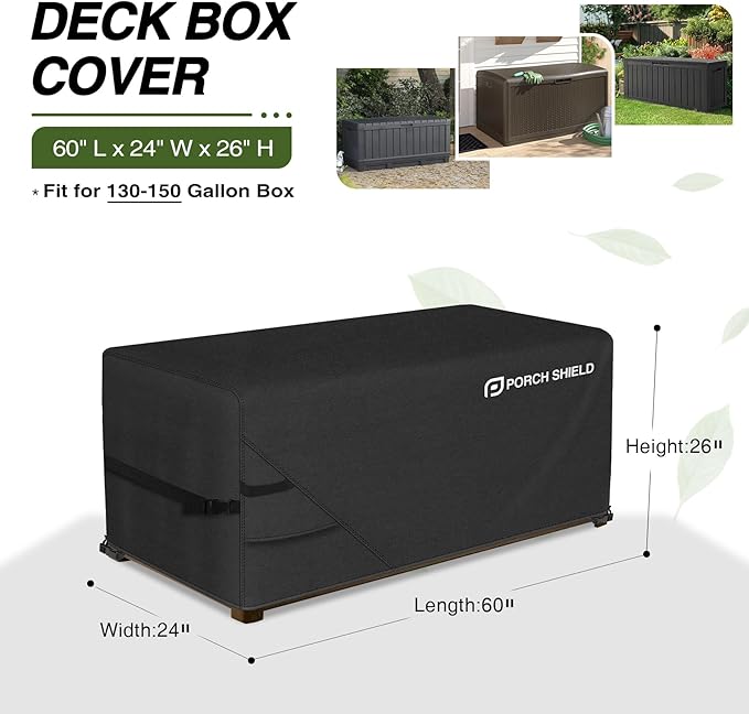 Porch Shield Patio Deck Box Storage Cover - 600D Outdoor Waterproof Cover for 130-150 Gallon Box Tear Resistant Rectangular Fire Pit Table Covers 60 x 24 x 26 inch Black