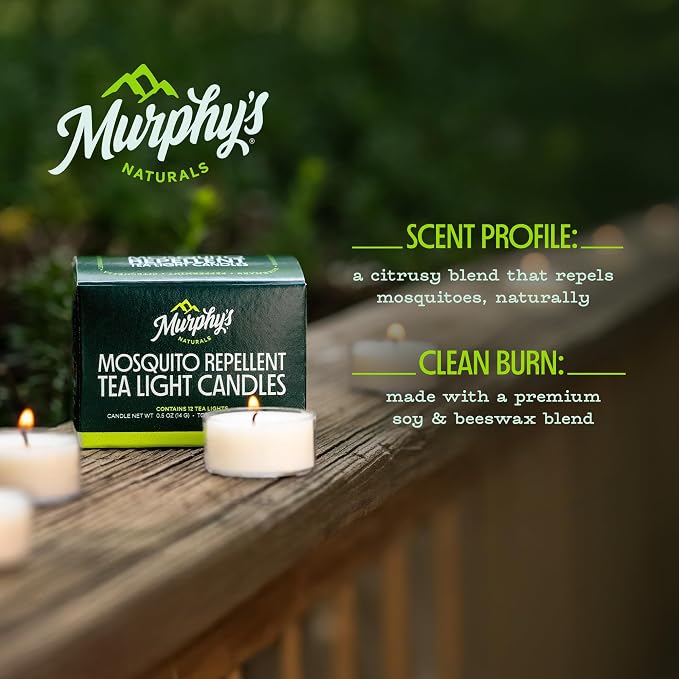 Murphy's Naturals Citronella Mosquito Repellent Tea Light Candles, 12-Pack | Soy & beeswax blend with rosemary, peppermint, citronella & lemongrass oils; 0.5 oz candles, 4-hour burn for patio & outdoors