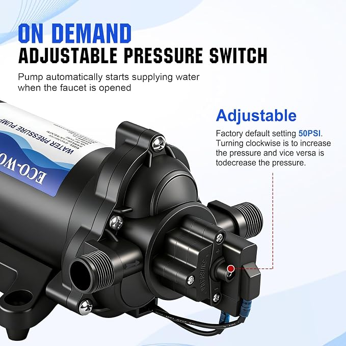 ECO-WORTHY 33-Series Water Pressure Diaphragm Pump Industrial 110V AC 4.0GPM Flow 50PSI Rated Pressure Self Priming RV Fresh Water Pump for Camper Kitchen Bathroom Marine Yacht Caravan