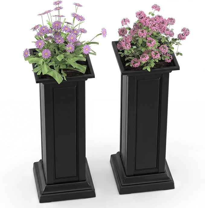 Vixzen Tall Black Resin Planters Set of 2, Large All-Weather Outdoor Garden Pots, Durable Crack-Resistant Flower Pots for Porch, Balcony, Backyard, Flowers & Trees, Black
