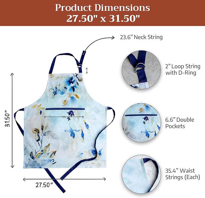 Maison d' Hermine Aprons for women with Pocket 100% Cotton (27.50"x31.50") | Adjustable Neck Strap & long ties Apron Men Chef Wedding Cooking Gardening Server Maid