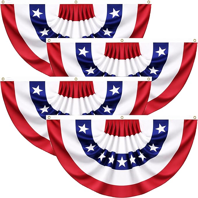 4 Pack USA Pleated Fan Flags - 1.5x3FT American Flag Bunting for Outside, Red White Blue Bunting Banner with Brass Grommets, Patriotic Porch Decor for Independence Day, July 4th, Memorial Day