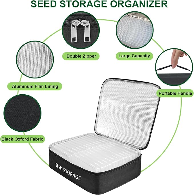 26 Slots Seed Storage Organizer Box with 10 Seed Envelopes, Oxford Cloth Seeds Storage Container with Insulated Bag, Garden Seed Packet Organizer with Label Stickers for Vegetable Flower Plants