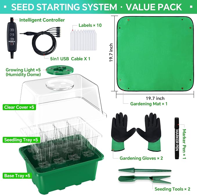 5-Pack Seed Starter Tray with Grow Light (Value Pack), 60 Cells, Friendly Seed Starter Kit for Beginners, Adjustable Brightness & Timing, Easy-to-Use Gardening Set for Seeds Germination