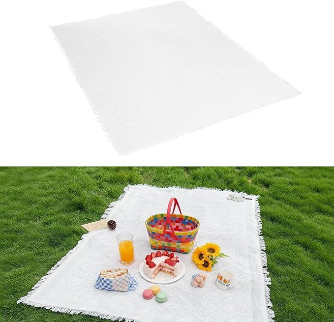Upriver 91 x 71'' Extra Large White Picnic Blanket, Outdoor Decorative Picnic Blanket with Fringe