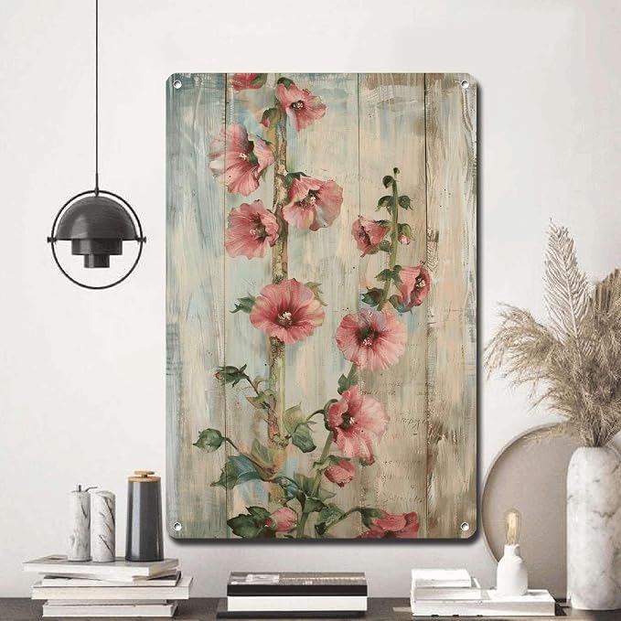 Metal Sign Tin Sign Vintage Wall Art Antique Grandeur Hollyhocks Tin Sign for Shabby Chic Interiors Tall Stem Displays and Corrosion R Bar Signs for Home Decor for Room 6×8 Inches