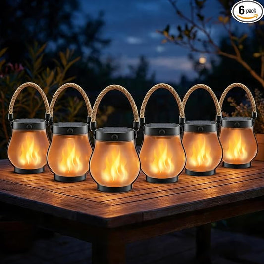 Solar Lanterns Outdoor Waterproof 6 Pack, Outdoor Solar Lanterns with Flickering Flame Effect, USB-C & Solar Charging, Auto Dusk to Dawn, Hanging Light for Garden Patio Yard