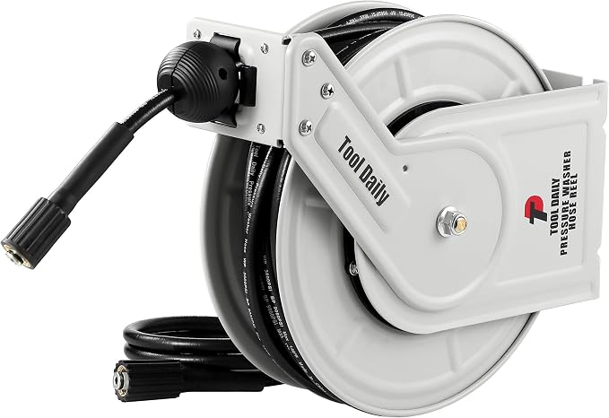 Tool Daily Retractable Pressure Washer Hose Reel 60 FT x 1/4”, Heavy Duty Power Washer Hose Reel 3600 PSI, Auto-Rewinding, Wall/Floor Mounted