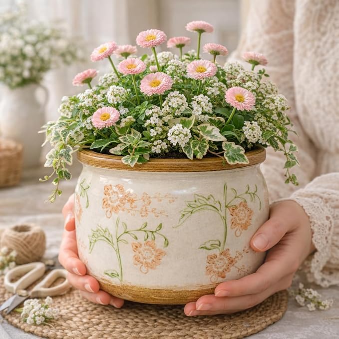 Vintage Ceramic Flower Pots - Indoor Outdoor Planters with Drainage Holes & Filter Screen, 6.5’’& 9’’ Rustic Farmhouse Decorative Plant Pots for Garden/Patio