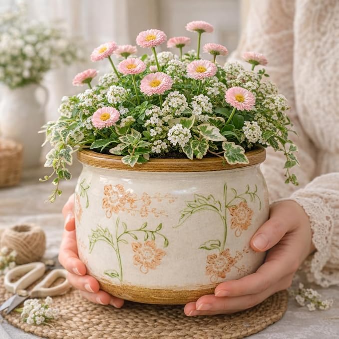 Vintage Ceramic Flower Pot - Indoor Outdoor Planters with Drainage Holes & Filter Screen, 9’’ Large Rustic Farmhouse Decorative Plant Pots for Garden/Patio/Balcony (Daisy Bouquets, Large)