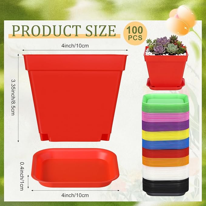 Amyhill 100 Pcs 4 Inch Flower Pots Square Plants Nursery Pot Plastic Plant Seedling Pots Small Nursery Transplanting Planter Container with Saucer for Indoor Succulent Balcony Garden (Fashion Color)