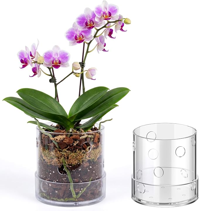 4 Inch Clear Acrylic Orchid Planter Pot with 360° Round Holes & Tray, Thick Acrylic Vented Planter for Phalaenopsis, Root Airflow, Bottom Watering & Indoor Orchid Repotting