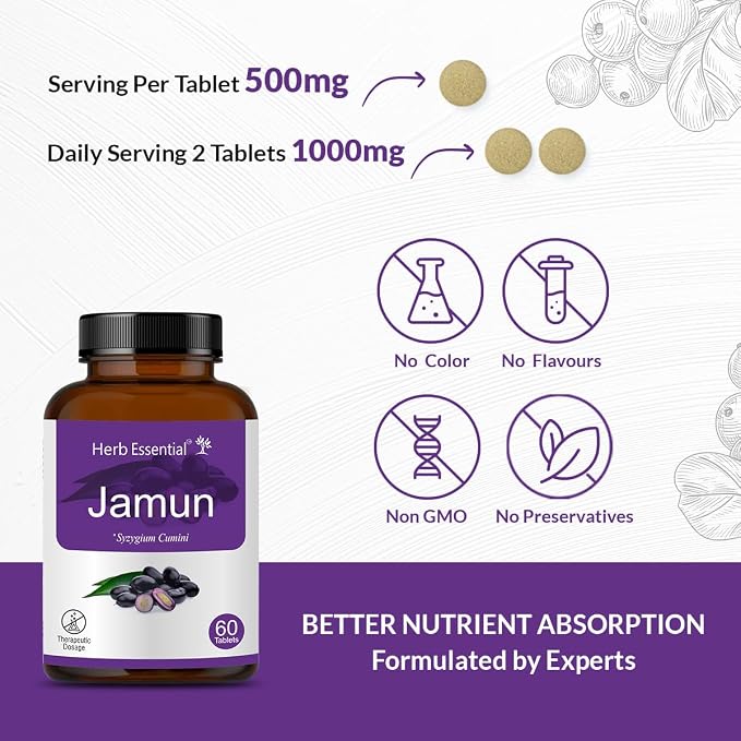 Herb Essential Jamun Seed Tablets 500mg (60 Count) Syzygium Cumini Seed Supplement Indian BlackBerry Tablets, Vegan, Additive-Free & Non-GMO Formula- 60 Count (Pack of 1)