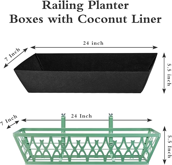 2 Pack 24 Inch Window Boxes Planters Railing Planter Box with Adjustable Brackets & Non-Woven Fabric Plant Grow Bags Deck Railing Planter Boxes Balcony Hanging Flower Box for Outdoor Plants