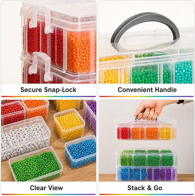 Bead Organizers and Storage, 56 Pcs Small Plastic Containers with Lids and 3-Tier Stackable Storage Box, Mini Clear Organizers for Jewelry Toys Craft Storage (3 tire different sizes 56pcs)