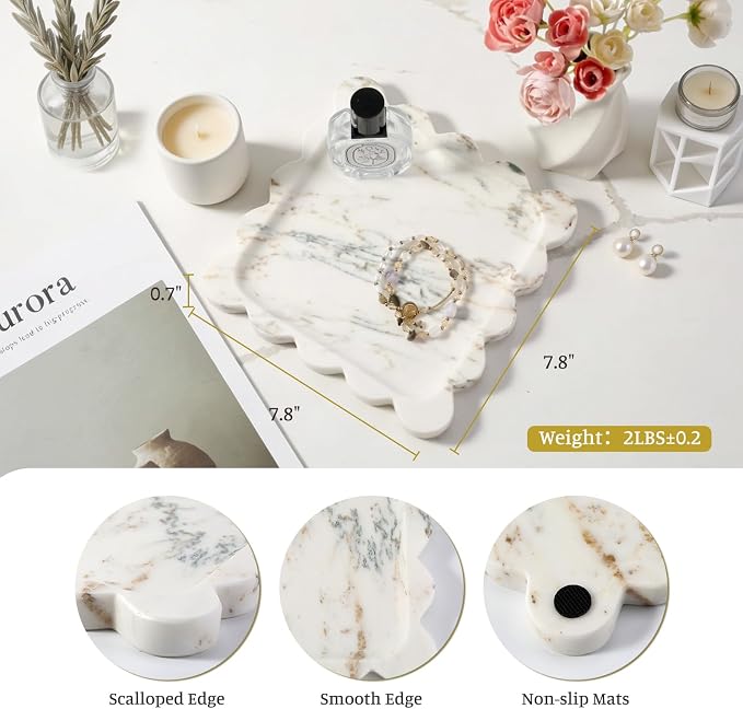 Karibiber Calacatta Marble Tray, 8in White Small Scalloped Tray, Decorative Trinket Dish, Premium Square Bathroom Vanity Tray for Earrings Rings Necklaces, Unique Stone Jewelry Dish Gift