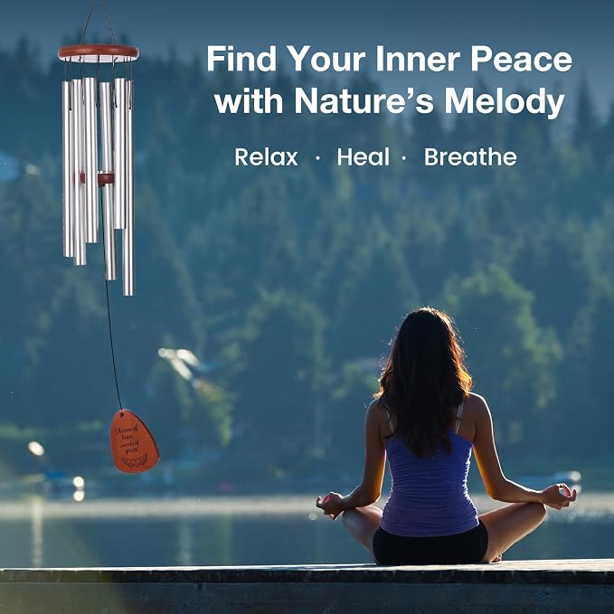 Sympathy & Memorial Wind Chimes for Outside – Deep Tone Aluminum Chimes with Mute Feature, Inspirational Poem, Butterfly & Heart Art Wooden Sail, Outdoor Garden Decor (Silver, 32 Inch)