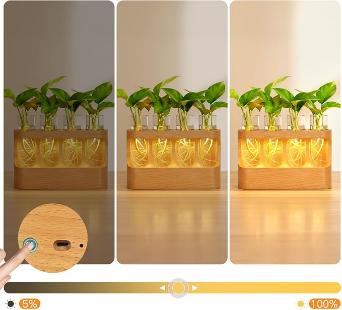 OUTON Rechargeable Plant Propagation Station with LED Light, Wooden Propagation Vase Set with Glass Tubes, Lighted Plant Terrarium for Indoor Plant Cuttings, Gift for Plant Lovers