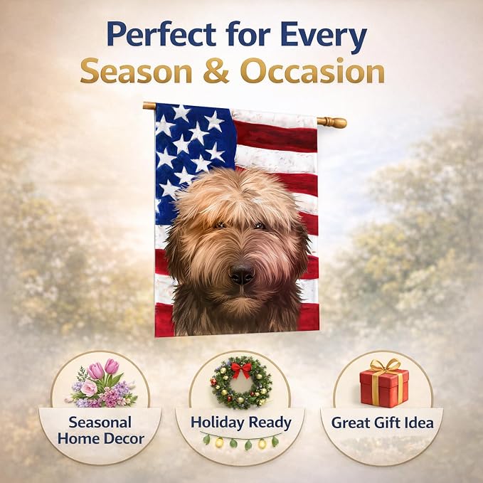 Caroline's Treasures CK6461CHF Briard Dog American Flag House Flag Large Porch Sleeve Pole Decorative Outside Yard Banner Artwork Wall Hanging, Polyester, House Size, Multicolor