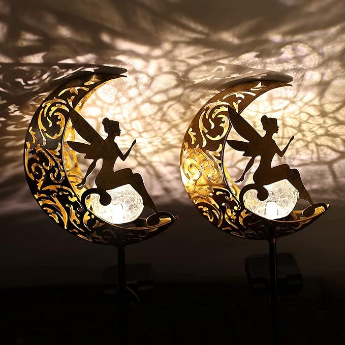 2 Pack Solar Garden Lights Waterproof, Pathway Stake Lights, Gift for Women Mom Grandma Wife Daughter, Moon Fairy Glass Globe with Angel Decor, Outdoor Decor Lights for Walkway Yard Lawn Patio Garden