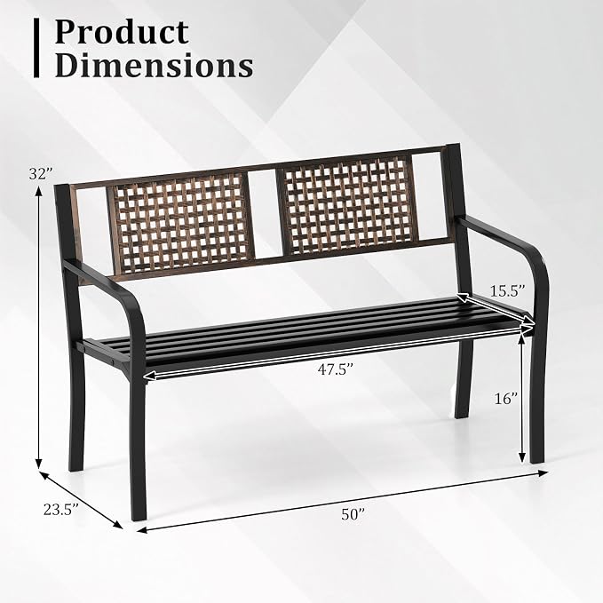 Tangkula 50” Outdoor Metal Park Bench, Outdoor Garden Bench for 2-3 People with Rattan-Like Backrest & Curved Armrests, Heavy-Duty Patio Modern Slatted Seating for Backyard, Poolside, Porch