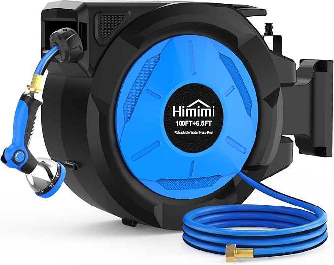 Retractable Garden Hose Reel, 1/2 Inch x 100 ft + 6.6 ft Heavy Duty Wall Mounted Hose Reel with 10 Patterns Nozzle, Any Length Lock, Upgraded Slow Return System, 180°Swivel Bracket and UV Resistant