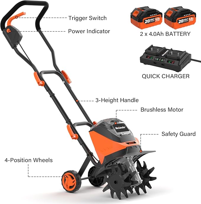 MAXLANDER Cordless Tiller Cultivator, 40V 12-Inch Brushless Battery Powered Garden Tiller with 4 Steel Tines, Powerful 280 RMP Rototiller, 2x4.0Ah Battery and Charger Included