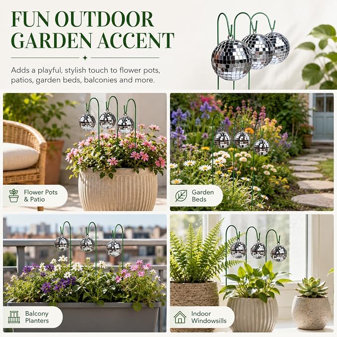 3 Pack Disco Ball Garden Stakes, Silver Mirror Ball Outdoor Plant Decor, Reflective Hanging Globe Stake Ornaments for Flower Pots Patio Lawn Yard Pathway Garden Decorations (M*3pcs)