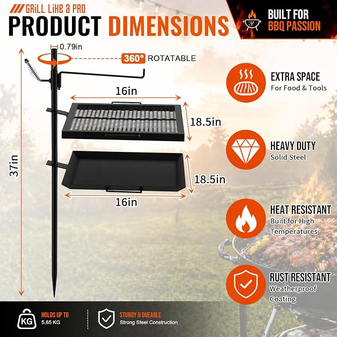18.5" x 16" Fire Pit Campfire Grill Grate, Portable Open Fire Cooking Grill Grate Round Camping Cooking Barbecue Rack Heavy-duty, Easy Setup & Adjustable Height for Outdoor Camping BBQ