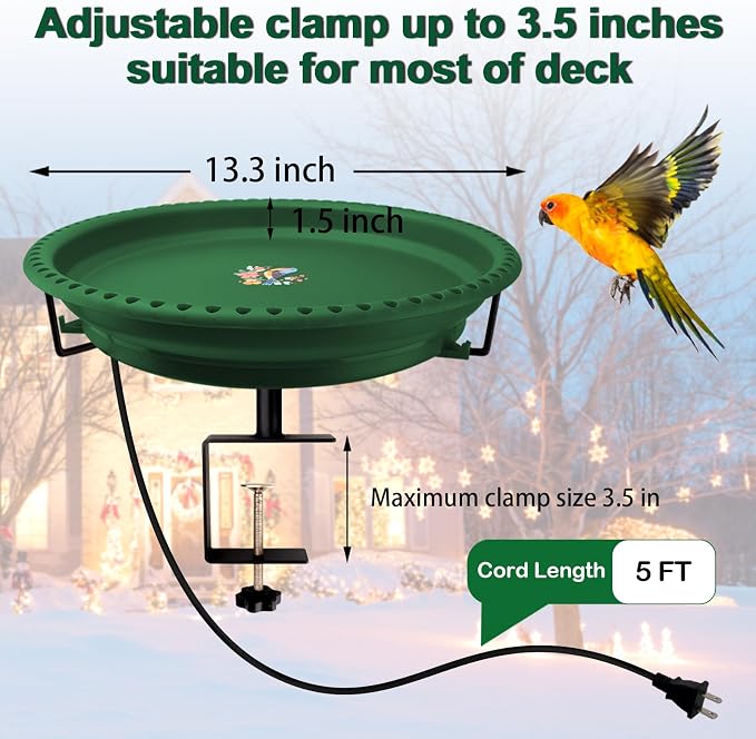 Daoeny Heated Bird Bath for Deck Railing, Upgraded 100W Heated Bird Baths for Outdoors Thermostat Control, Heated Bird Bath for Outside Winter Garden Yard Patio Decor (Green)