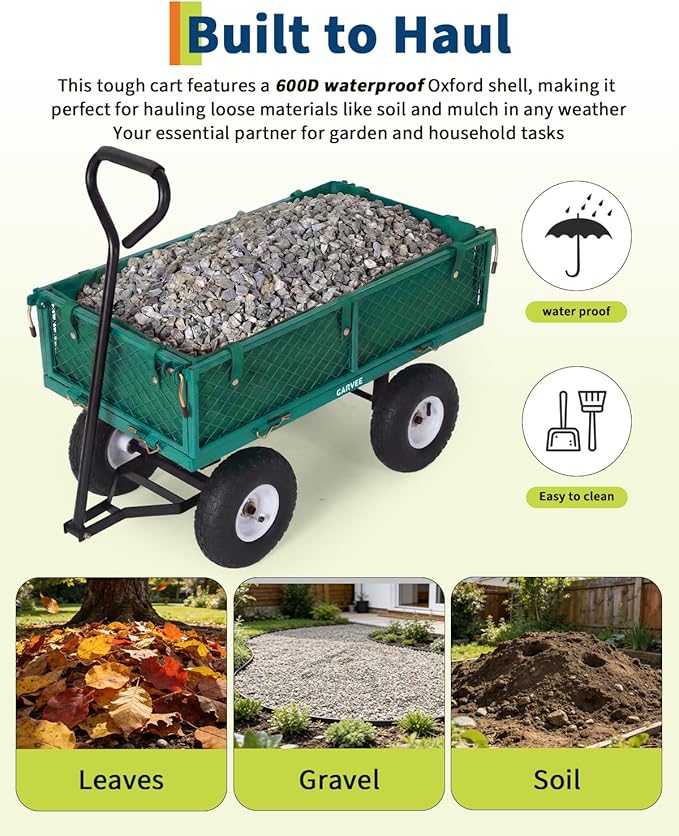 Garvee Versatile Outdoor Utility Cart-400LBS Heavy-Duty, 10" All-Terrain Pneumatic Tires, Easy Maneuverable Lawn Cart with Removable Mesh Panels for Gardening&Landscaping, Green, with Waterproof Liner