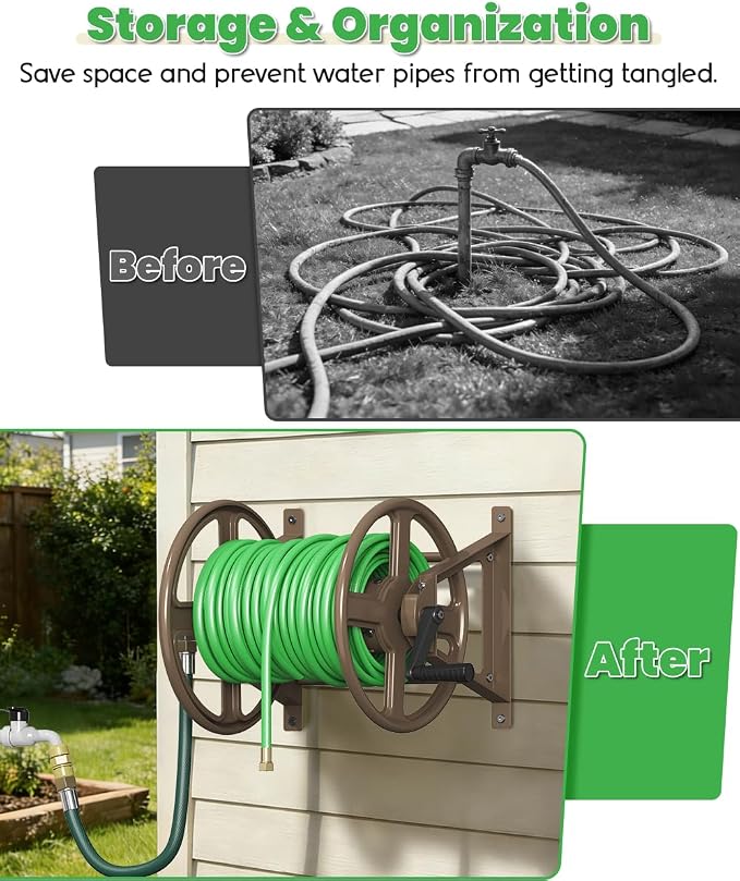 Garden Hose Reel Wall Mounted, Heavy-Duty Water Hose Holder Winder with 3.9 ft Leader Hose & Brass Fitting, Hose Hanger Storage Rack Holds 125-Feet of, 5/8-Inch, for Yard Lawn Farm, Brown