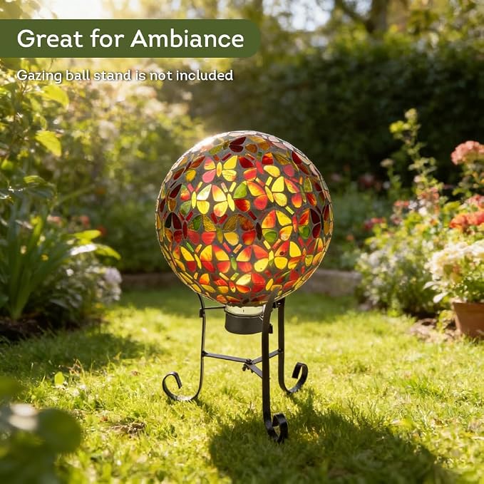 Lily's Home Colorful Mosaic Glass Gazing Ball, Designed with a Stunning Holographic Petal Mosaic Pattern to Bring Color to Any Home and Garden, Butterflies (10" Diameter)