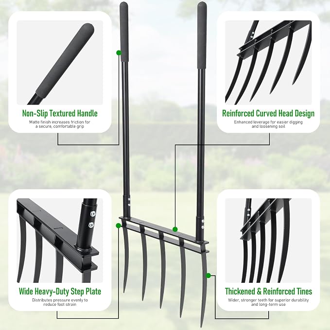 Broadfork, 12" Long 5-Tine Broadfork Gardening Tool for Gardening Cultivation Composting Transplanting Digging Farm Crushing Soil Aeration Garden Fork for Loosening Soil