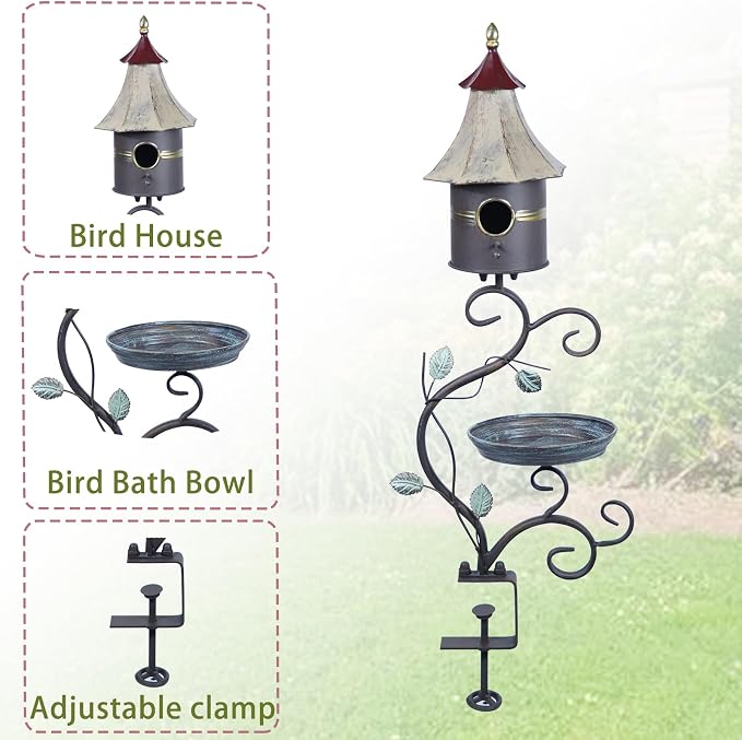 HLQMFHT Deck Bird Bath, Metal Bird Bath and Bird Houses, Decorative Deck Mounted Bird Bath, Detachable and Adjustable Sturdy Deck Bird Bath for Outdoor Porch Yard Garden Decoration