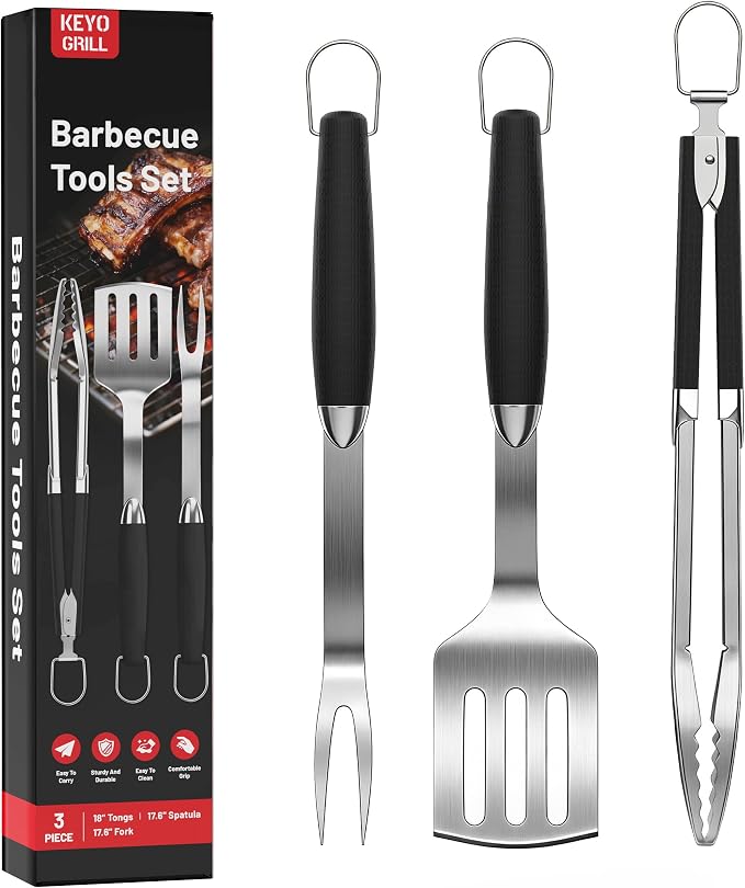 KEYO GRILL Heavy-Duty Stainless Steel Grilling Accessories, Professional Grill Utensils Set with Spatula, Fork & Tongs, Ideal BBQ Set Grilling Tools for Outdoor Grill, Gifts for Men Dad