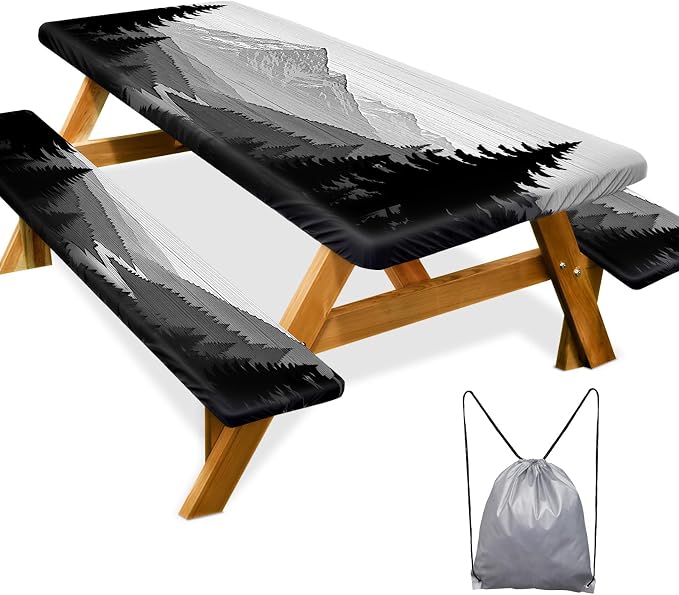 Picnic Table Cover with Bench Covers Camping Essentials Waterproof Windproof Camping Tablecloth with Drawstring Bag, Fitted Rectangle Tables and Seats, 72in, Black White Forest