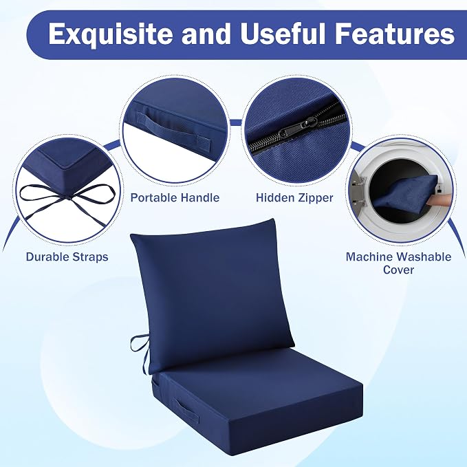 Outdoor Chair Cushions, 24 x 24 Inch Outdoor Cushion for Patio Furniture, Patio Chair Cushion, Waterproof & Fade Resistant Deep Patio Furniture Cushions Set with Handle and Ties, Navy Blue (Set of 2)