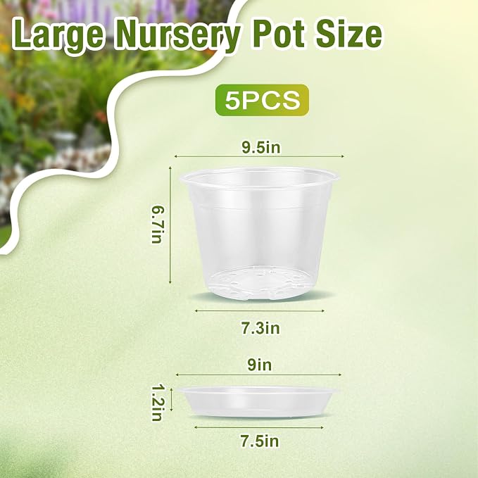 10 Inch Clear Nursery Pots with Drainage and Saucers, 5 Pack Large Clear Plastic Nursery Pots for Plants, Seedling Plant Pots for Repotting and Growing Plants, Flowers & Vegetables (10 inch)