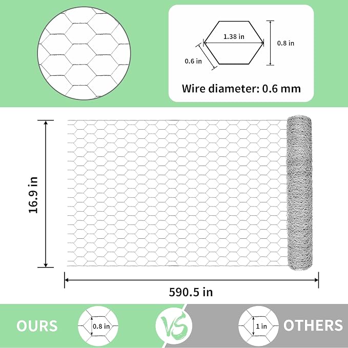Chicken Wire 16.9 in x 590.5 in Poultry Wire Netting Hexagonal Galvanized Mesh Garden Fence Barrier for Pet Rabbit Chicken Fencing with 100 Pcs Cable Zip Ties