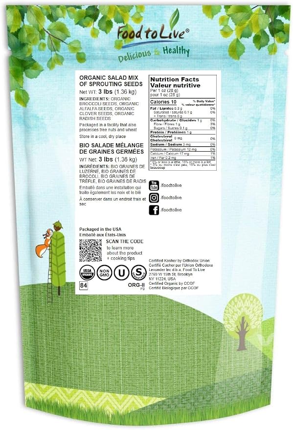 Food to Live Organic Salad Mix of Sprouting Seeds, 3 Pounds — Non-GMO Broccoli, Radish, Clover, Alfalfa. Rich Germination Rate, Non-Irradiated, Kosher, Vegan Superfood, Bulk, Rich in Sulforaphane