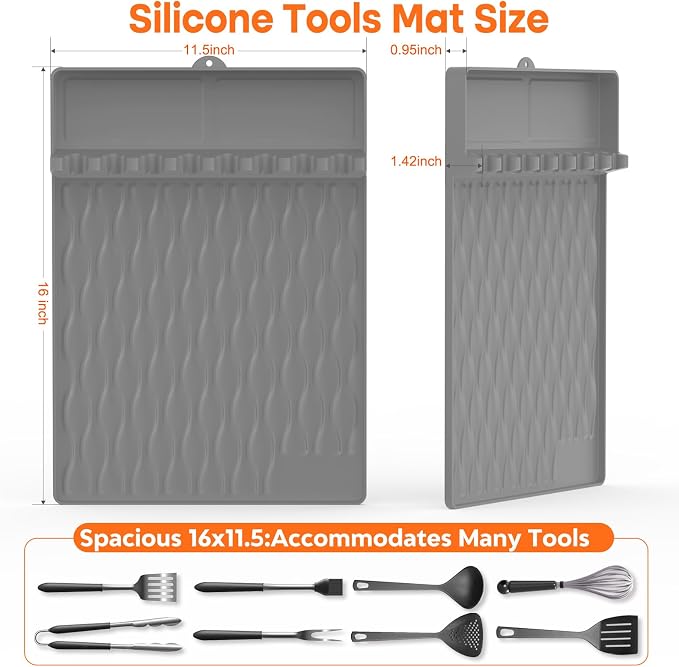 Silicone Griddle Tools Mat with Drip Pad for Blackstone – Non-Slip Spatula Rest & Side-Shelf Mat for Outdoor Grill Kitchen Counter, Heat-Resistant Grill Pad, Blackstone Griddle Accessories-Gray2-Pack