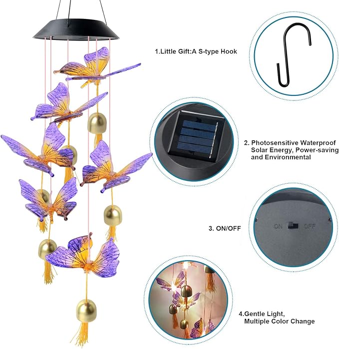 JOBOSI Butterfly Decorative Mobiles Gifts, Solar Wind Chimes, Mothers Day Wind Chime Gifts for mom, Women, Grandmother, Thanksgiving Gift, Mom Best Gift