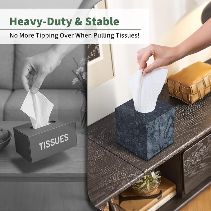 Real Natural Marble Tissue Box Cover, 5.5 Inch Square Marble Tissue Box Holder with Open Bottom, Heavy Stone Decorative Organizer for Bathroom Vanity, Kitchen Countertop, Luxury Home Décor