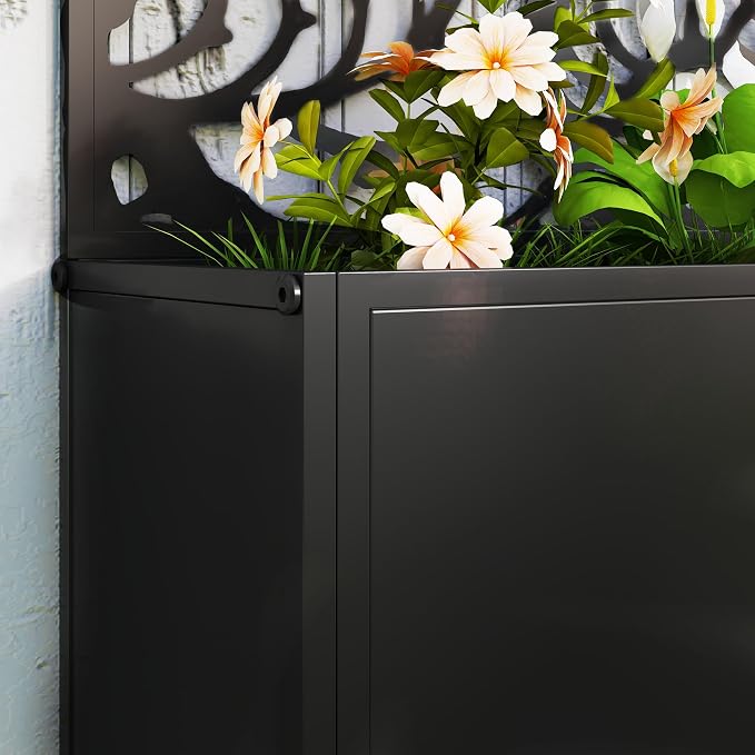 Outsunny Metal Raised Garden Bed with Trellis for Climbing Plants, Freestanding or Wall Mounted Flower Bed with Privacy Panel, Snail Cut-Outs Outdoor Planter Box for Garden, Patio, Balcony