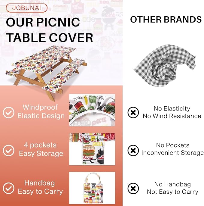 Jobunai 3 Piece Picnic Table Cover with Bench Covers Fitted Camping Table Cloths for 8Ft Tables Camper Travel Trailer Must Haves Motorhome Garden Tools Couple Wife Husband Boyfriend Girlfriend Gift