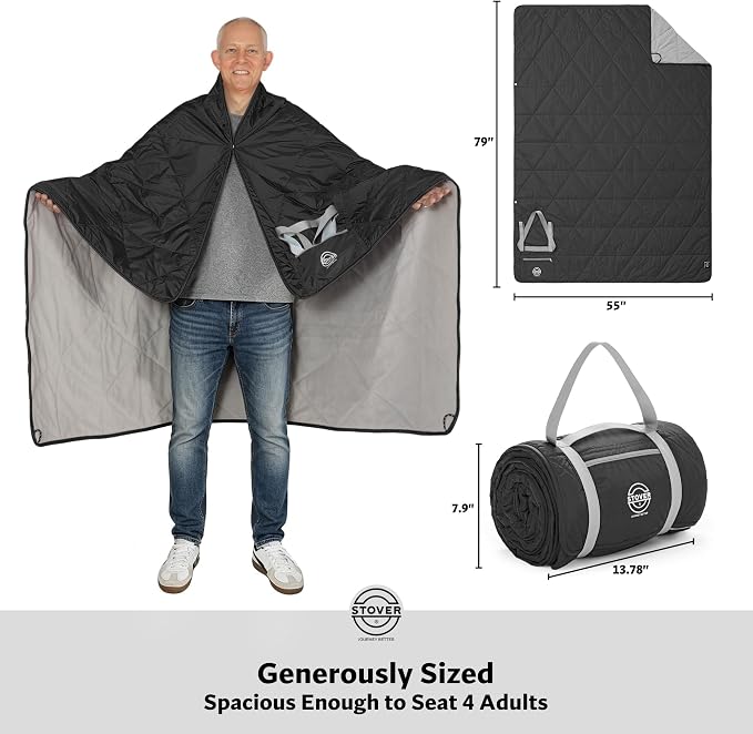 STOVER Large Waterproof Outdoor Stadium Blanket- Extra Thick Soft Fleece Camping Blanket for Travel, Picnics, Sports, Dogs- 79"x55", Warm, Windproof, Sand-Proof, Lightweight, Packable (Stadium Black)